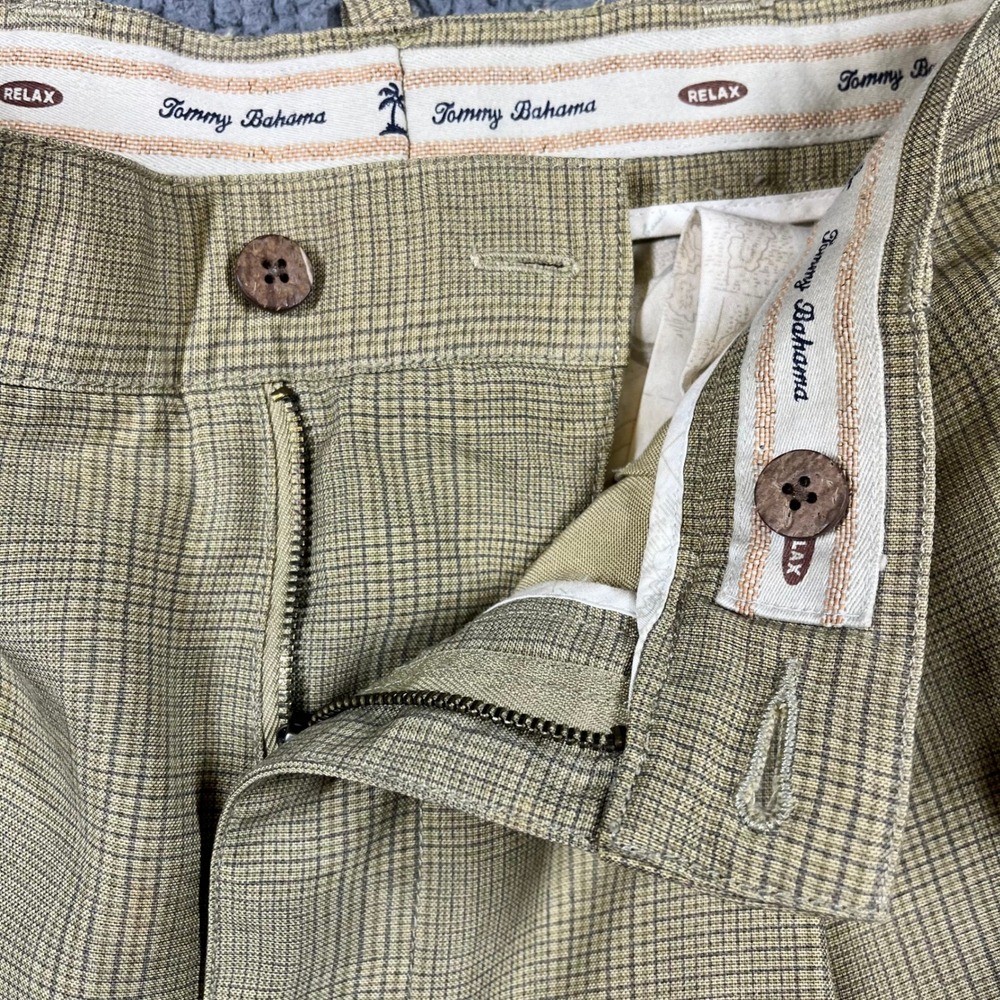 ommy Bahama Pants Mens 36 (32x31) Relaxed Tan Plaid Pleated Tencel Trousers - Picture 9 of 14